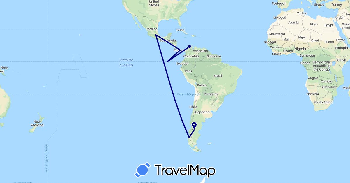TravelMap itinerary: driving in Argentina, Chile, Colombia, Ecuador, Mexico, Panama (North America, South America)